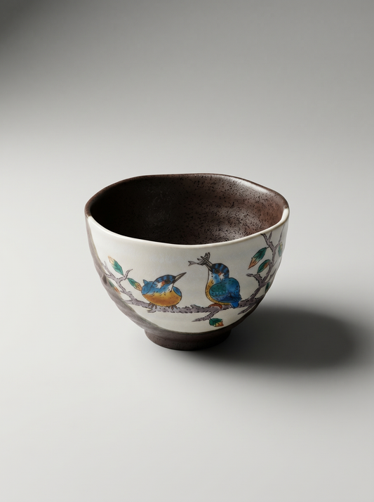 Ceramic bowl with bird design on a gray background