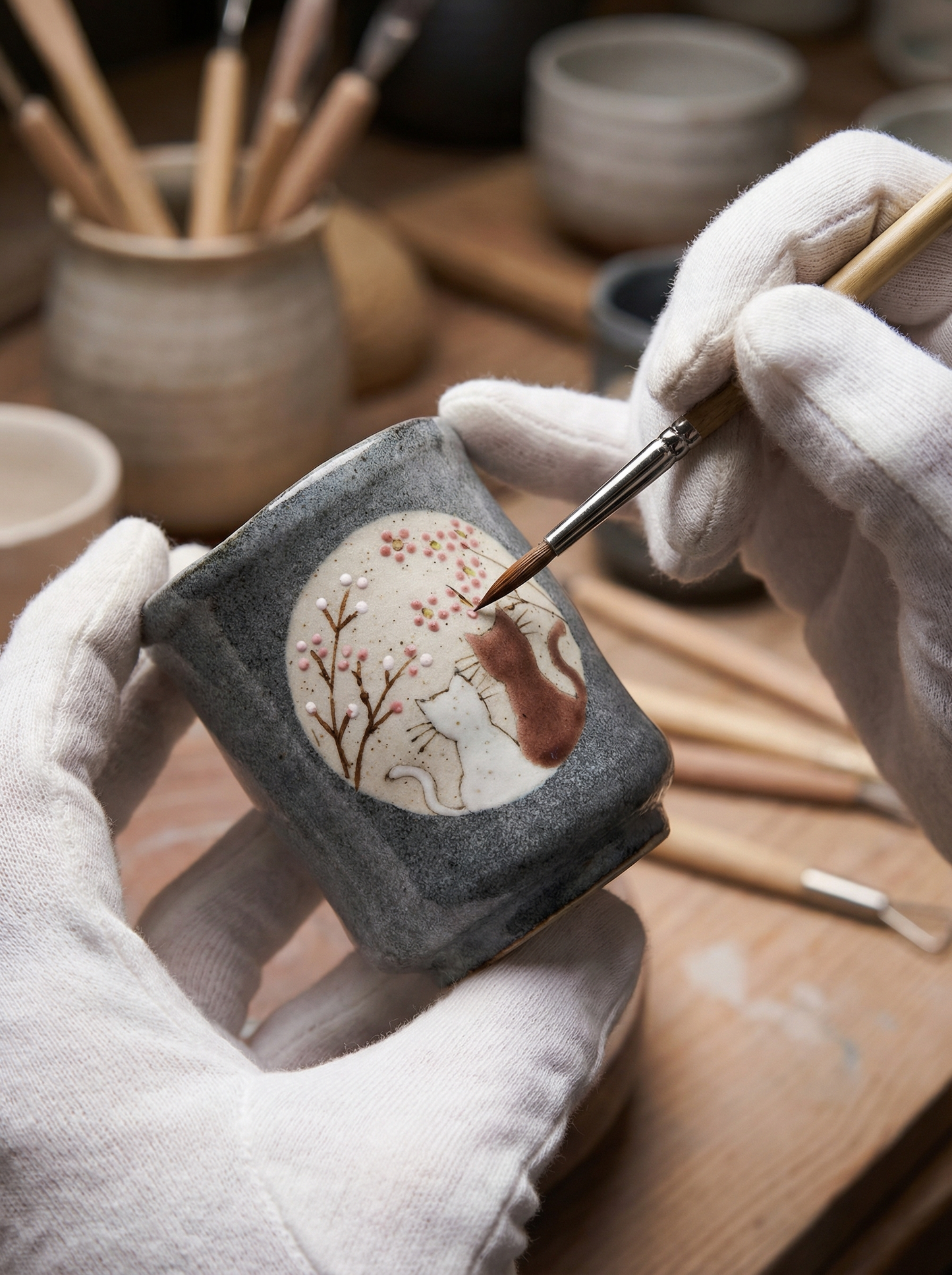 Person painting a small kutani ceramic teacup with a brush on a wooden table.