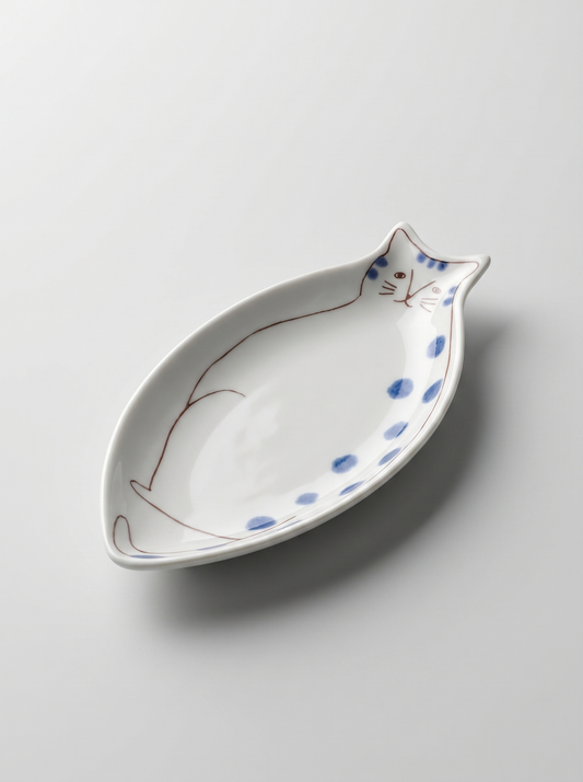 Cat-shaped ceramic dish with blue spots on a light gray background