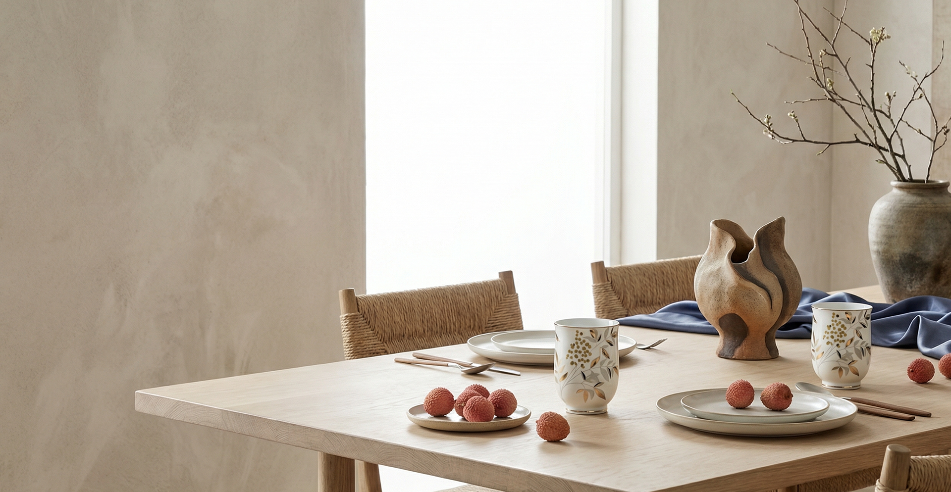 Dining table set with plates, lichi, and decorative vases in a bright room.