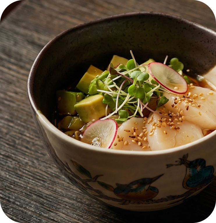 Bowl of asian-style poke with avocado, radish, scallop and microgreens on a wooden table