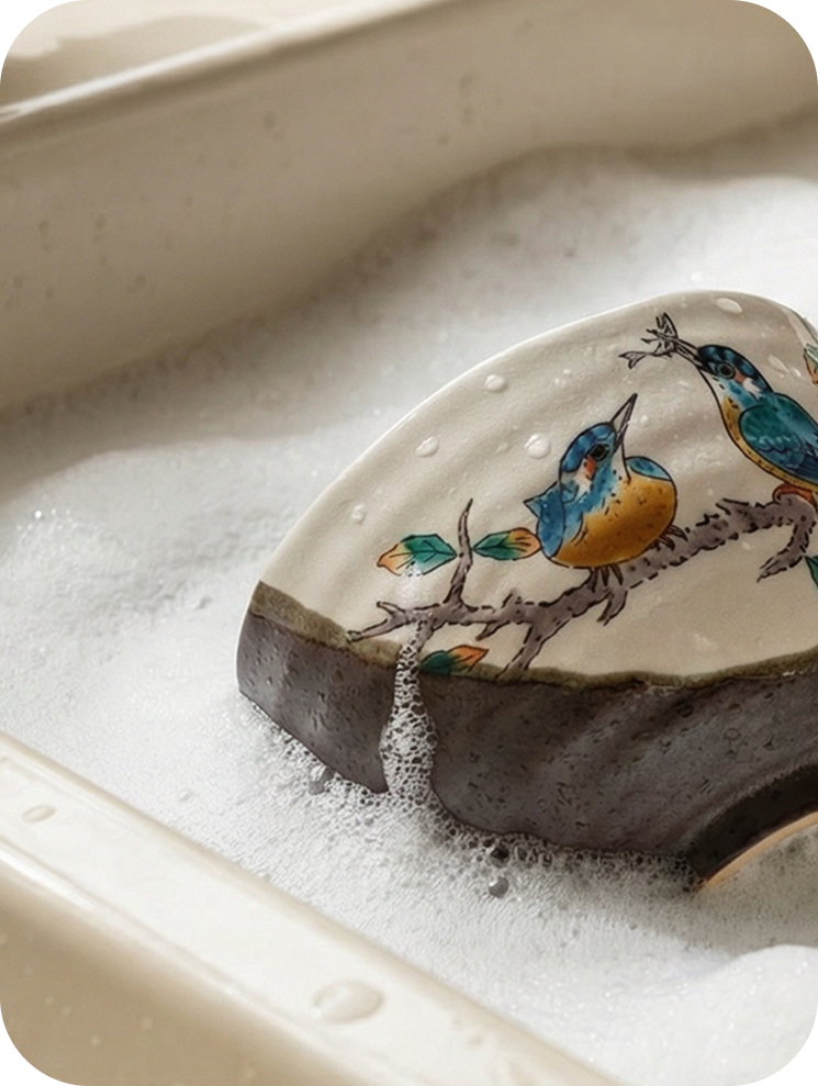 delicate hand-wash of Japanese ceramic bowl with a hand-painted illustration