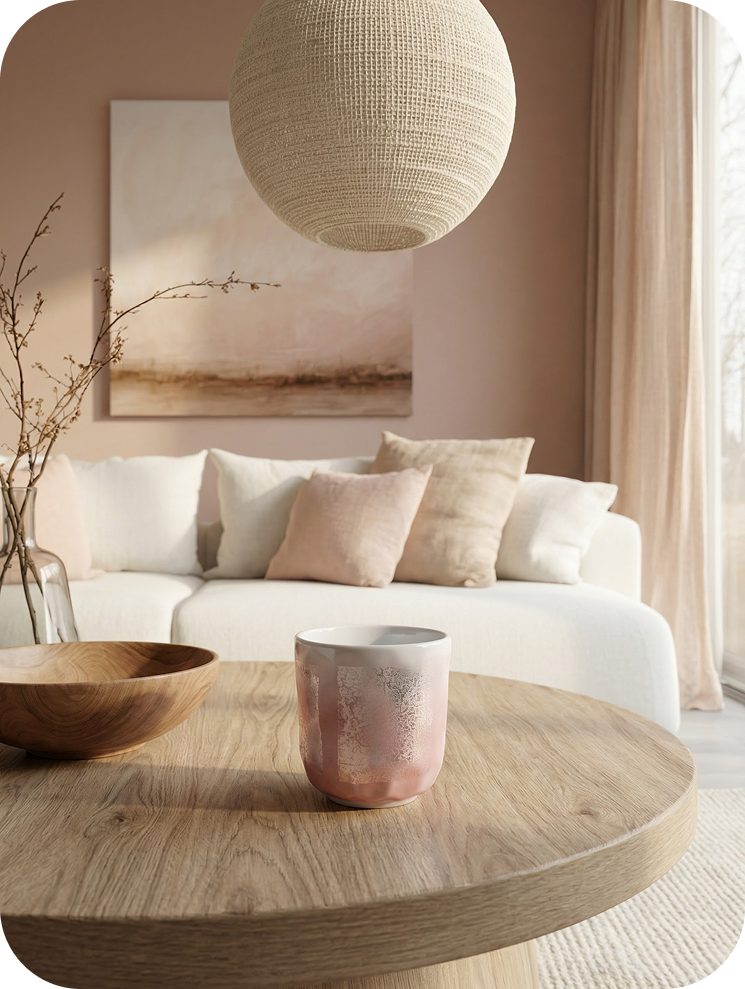 Modern living room with a white sofa, wooden coffee table, and decorative items.