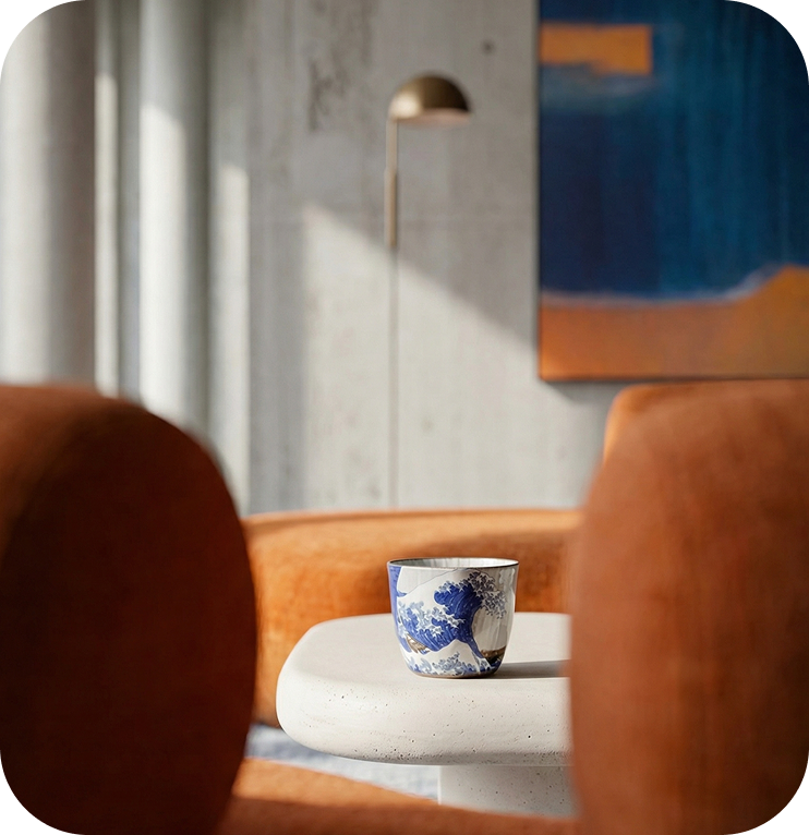Ceramic cup with waves of kanagawa illustration, surrounded by orange chairs in a modern interior setting.