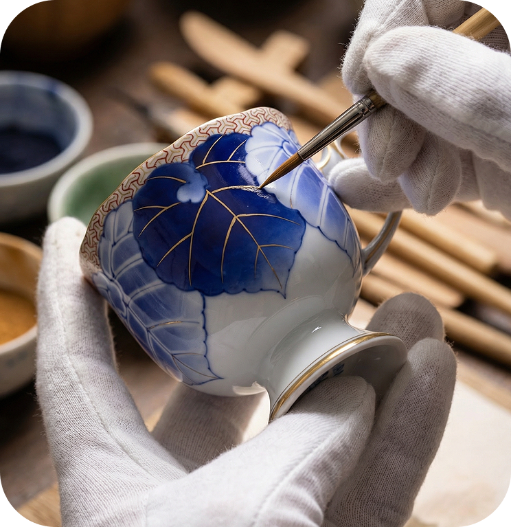 Person painting a blue floral design on a japanese porcelain teacup with white gloves.