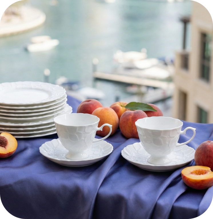 White ceramic teacups and saucers on a blue tablecloth with peaches, blurred waterfront background