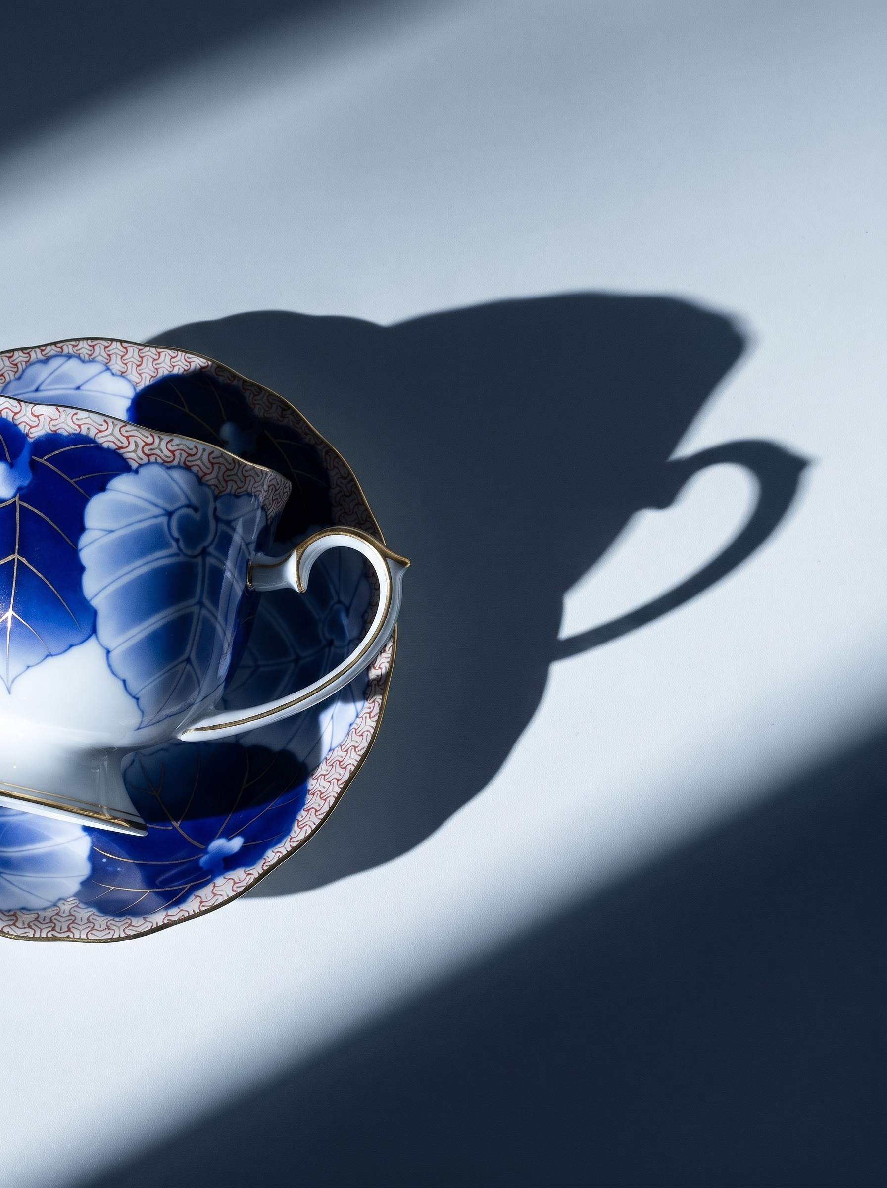 Blue and white ceramic teacup and saucer casting a shadow on a light blue background