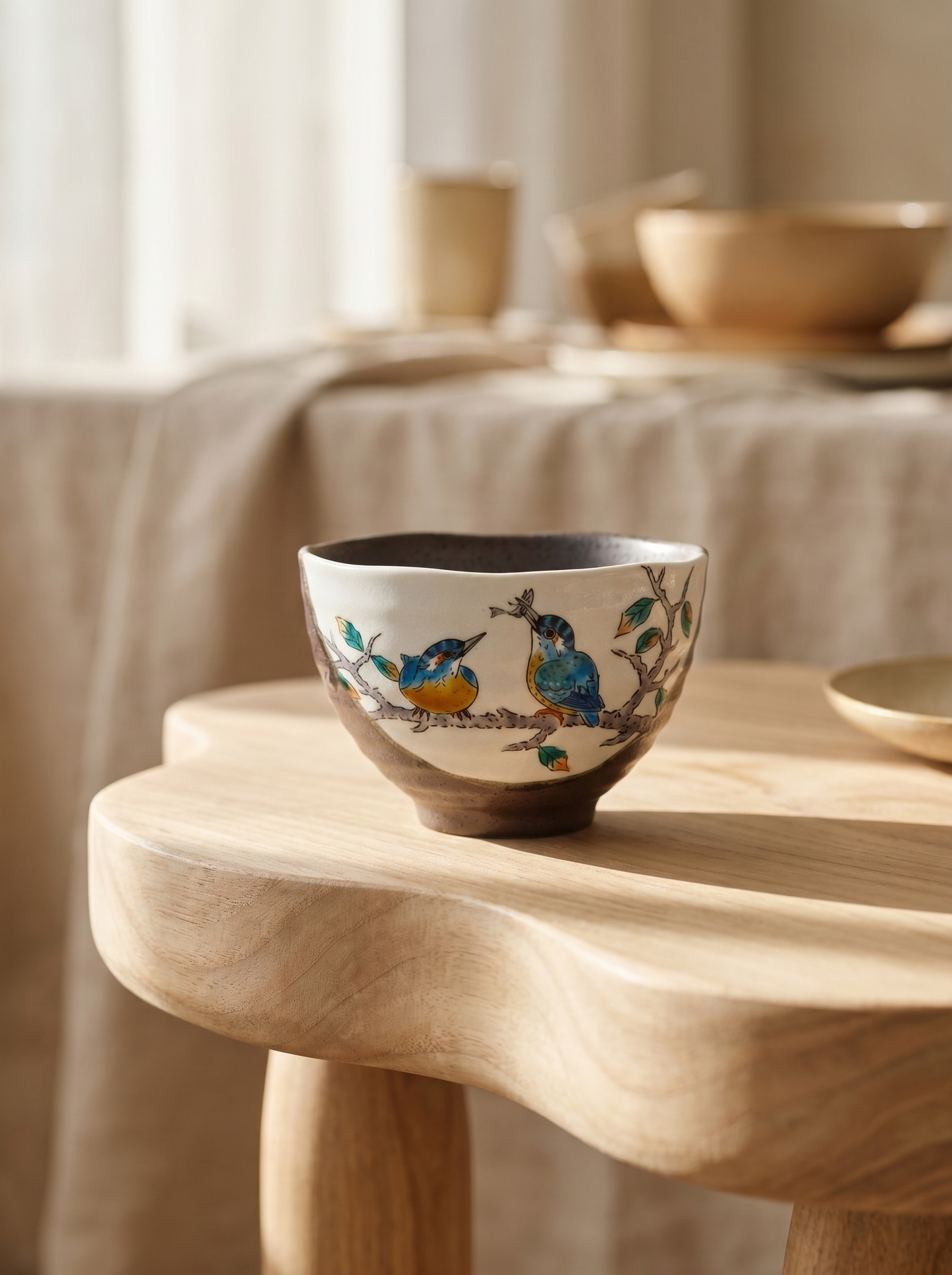 Japanese ceramic kutani small bowl with bird design for matcha, tea, beverages in modern interior