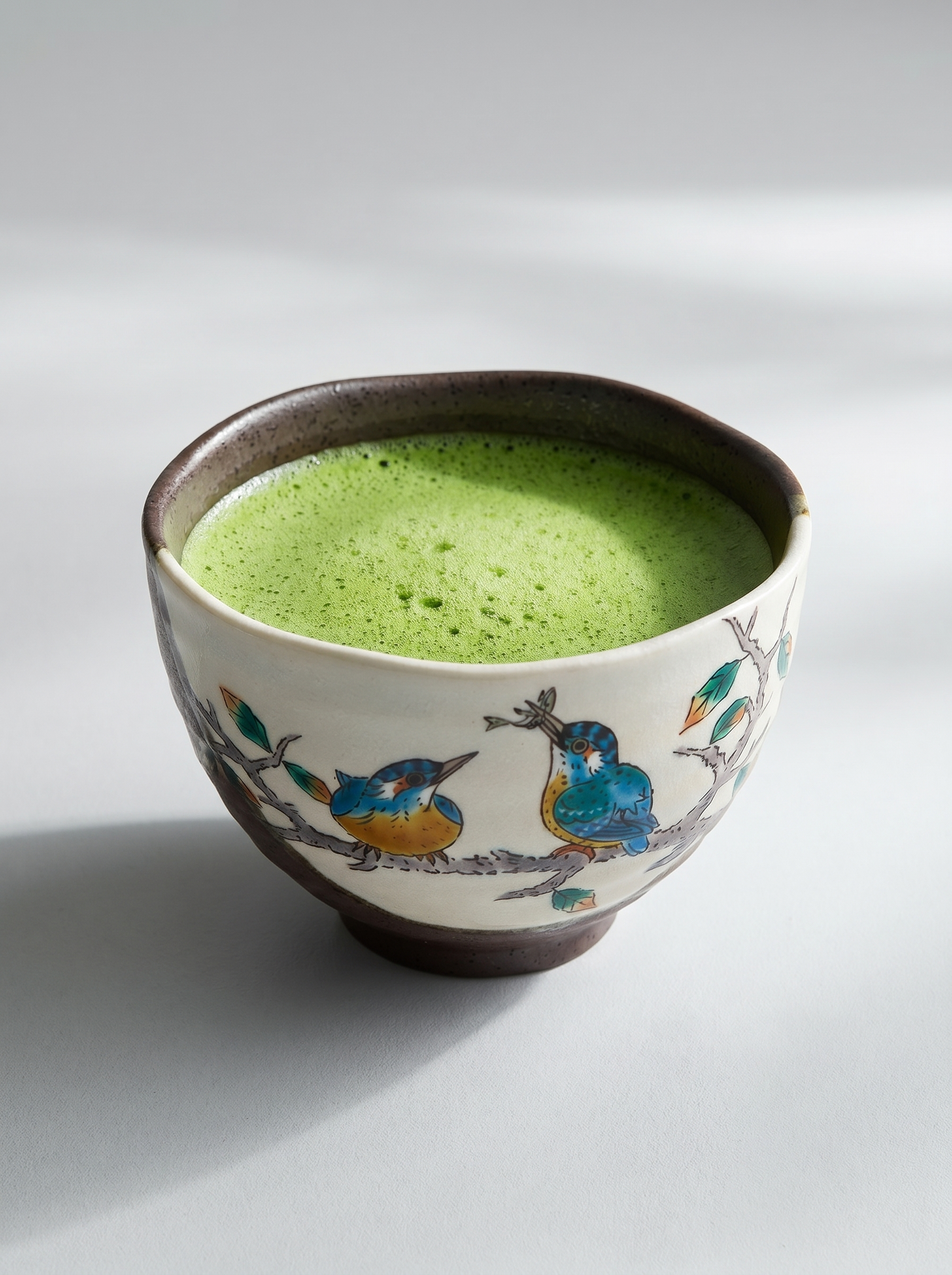 Ceramic bowl with green tea and decorative birds on a white background