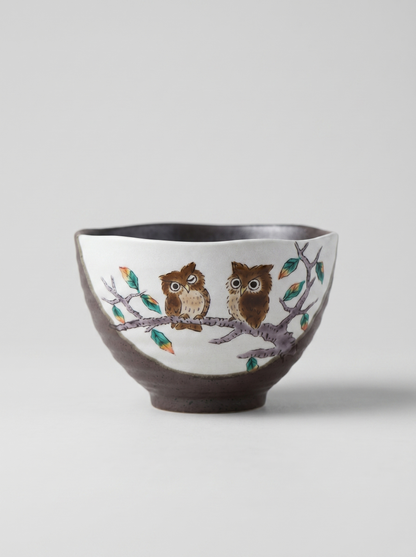 Japanese kutani ceramic bowl with owl design on a white background