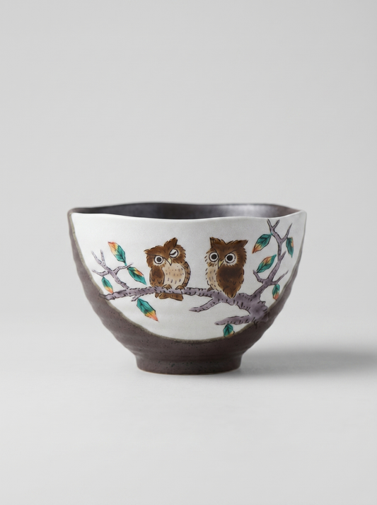 Japanese kutani ceramic bowl with owl design on a white background