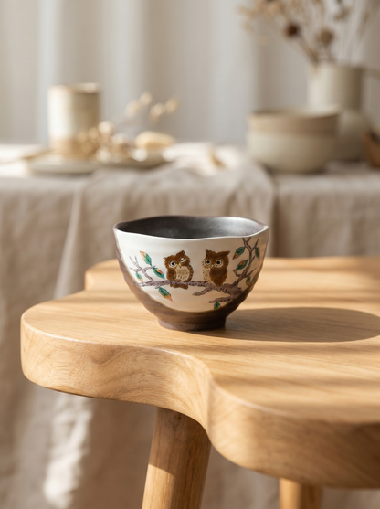 Ceramic bowl with owl design on a wooden table