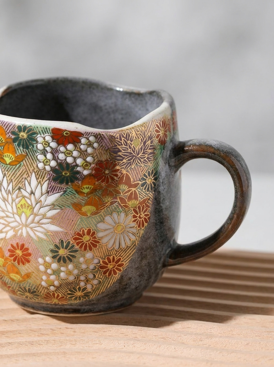 close up Japanese hanazume ceramic mug with floral pattern on a light gray background