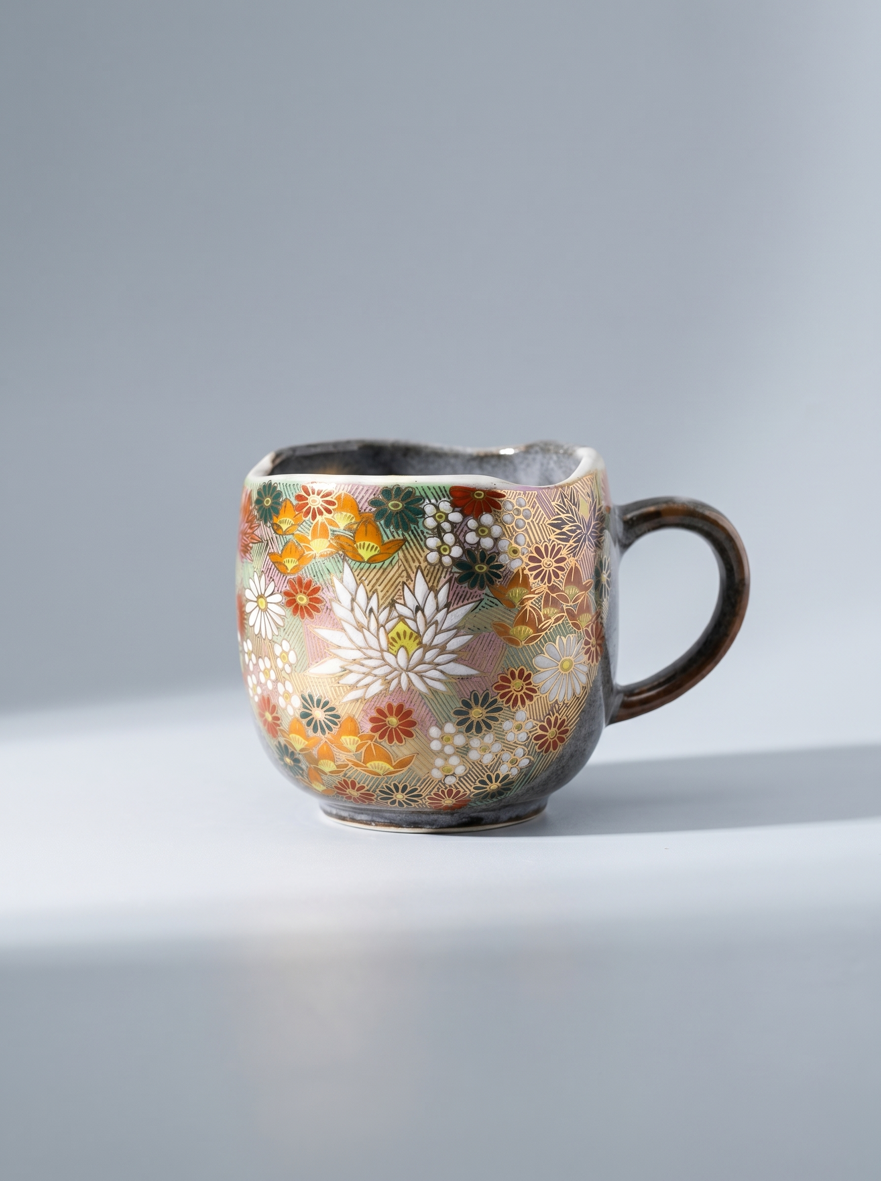 Japanese hanazume ceramic mug with floral pattern on a light gray background