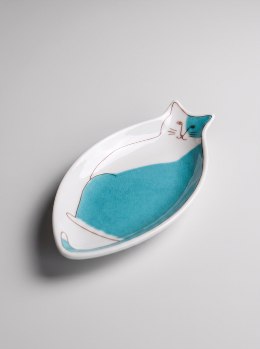 Cat Shaped Sauce Plate — Turquoise — Japanese Ceramic by Kutanido Co. Ltd.