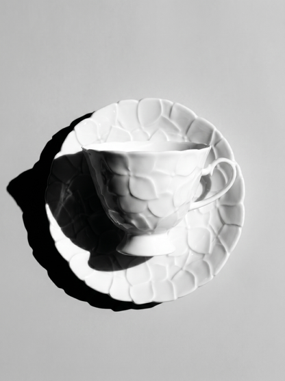 front view of Japanese white koransha teacup with a short handle and a saucer on a sodt grey background