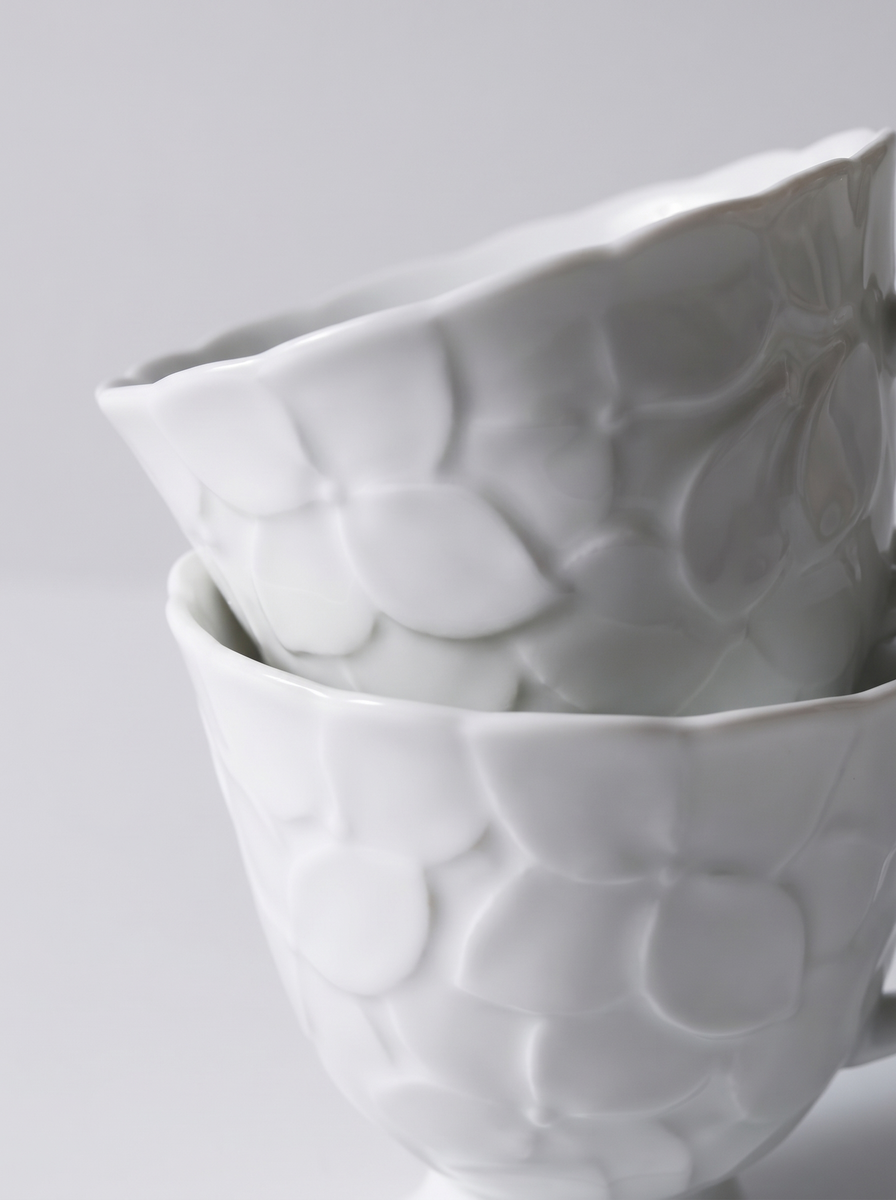 pair of Japanese white koransha teacup with a short handle and a saucer on a sodt grey background