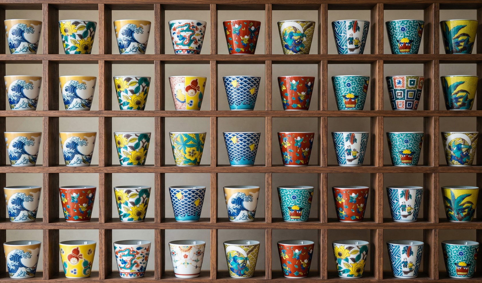 Wall of wooden shelves with colorful ceramic cups arranged in a grid pattern.
