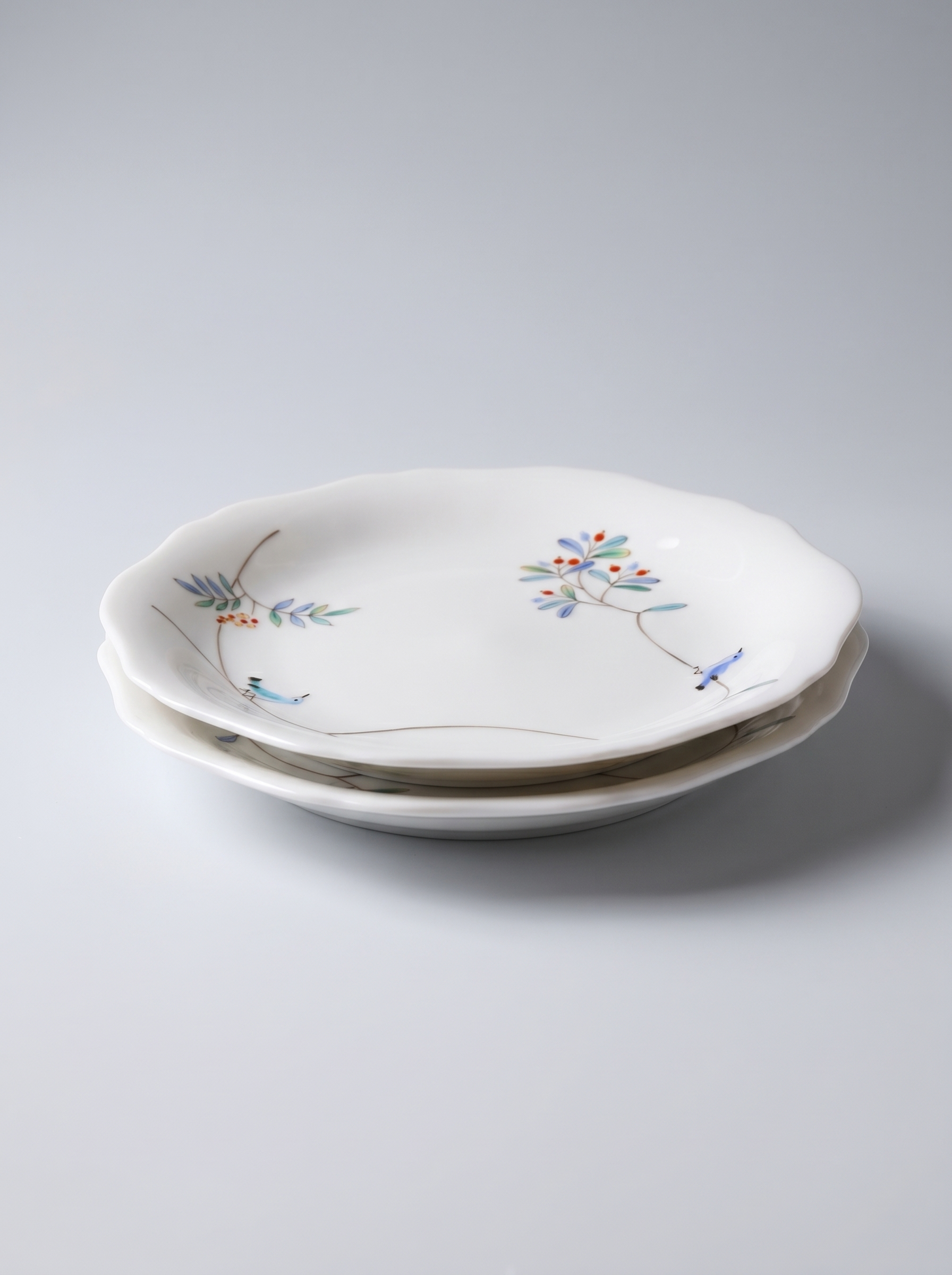 Two white ceramic plates with floral designs on a light gray background