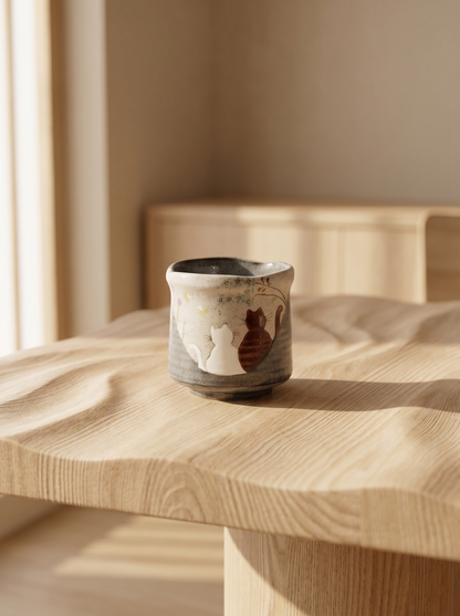 Ceramic cup with animal design on a wooden surface