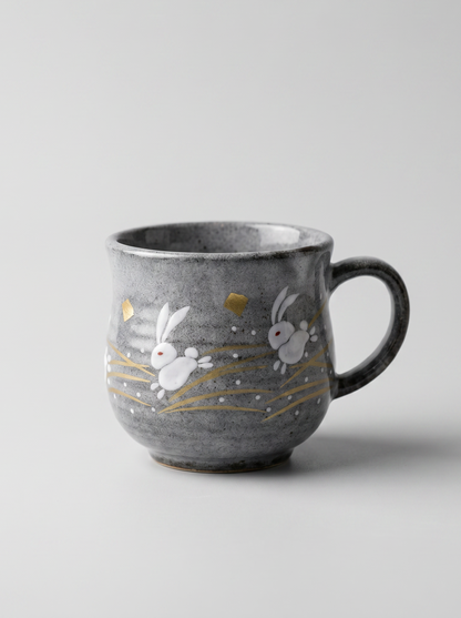 Japanese kutani ceramic teacup with a short handle with golden moon and rabbit design for tea, matcha latte, coffee, hojicha on a light grey background, front-facing