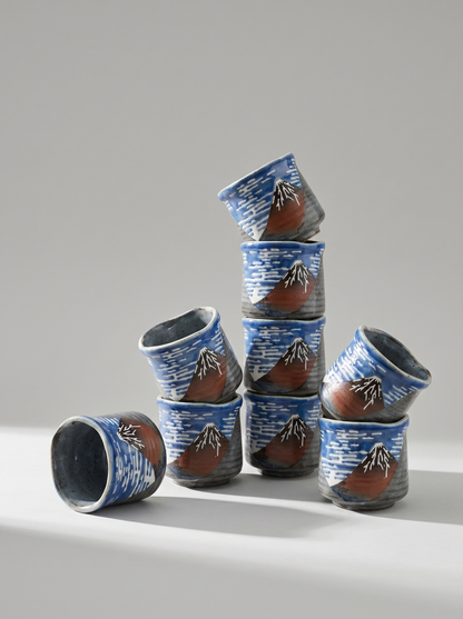 Stack of ceramic cups with Fuji mountain design on a gray background