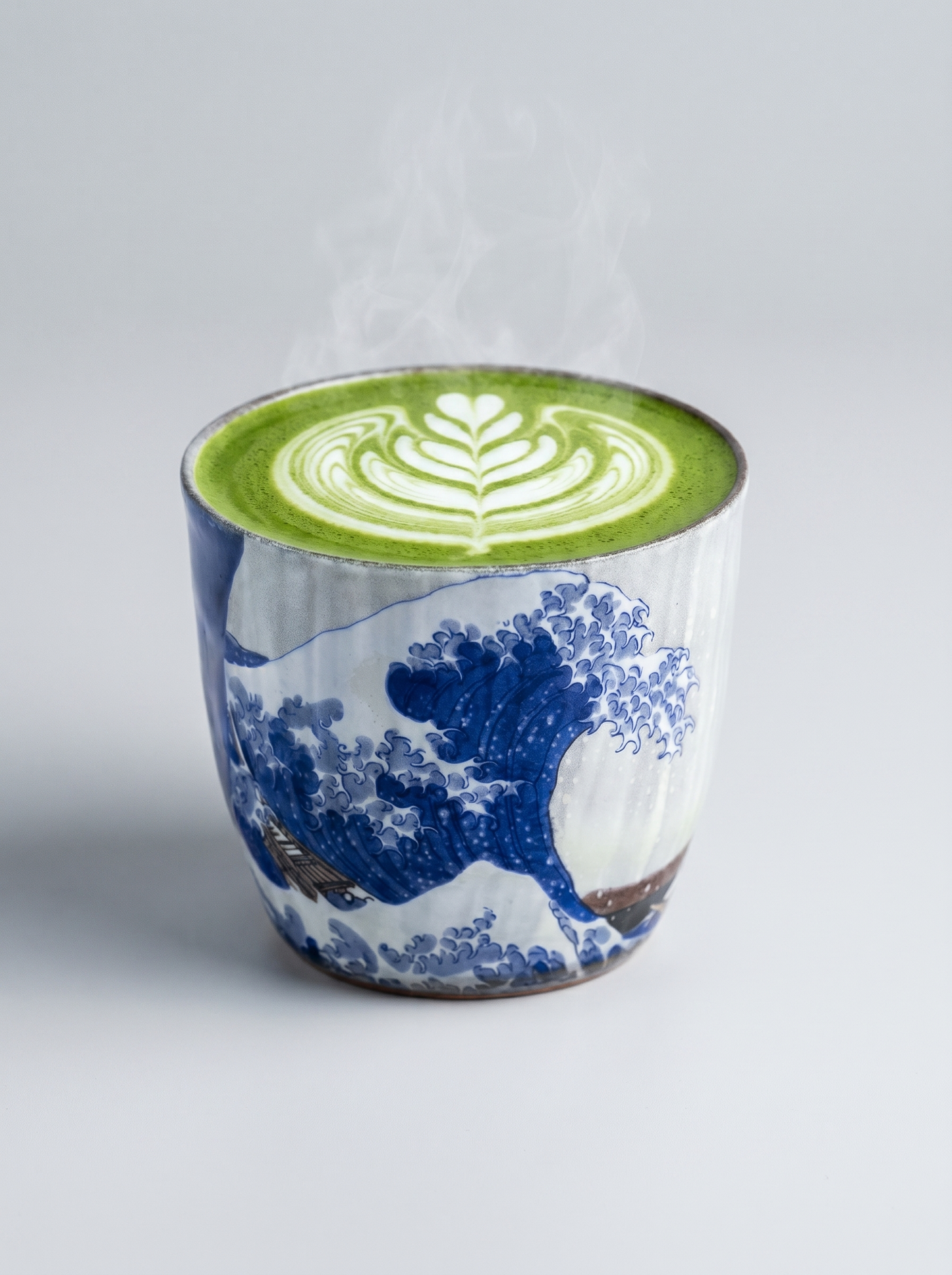 Ceramic cup with wave off kanagawa design containing matcha latte on a white background