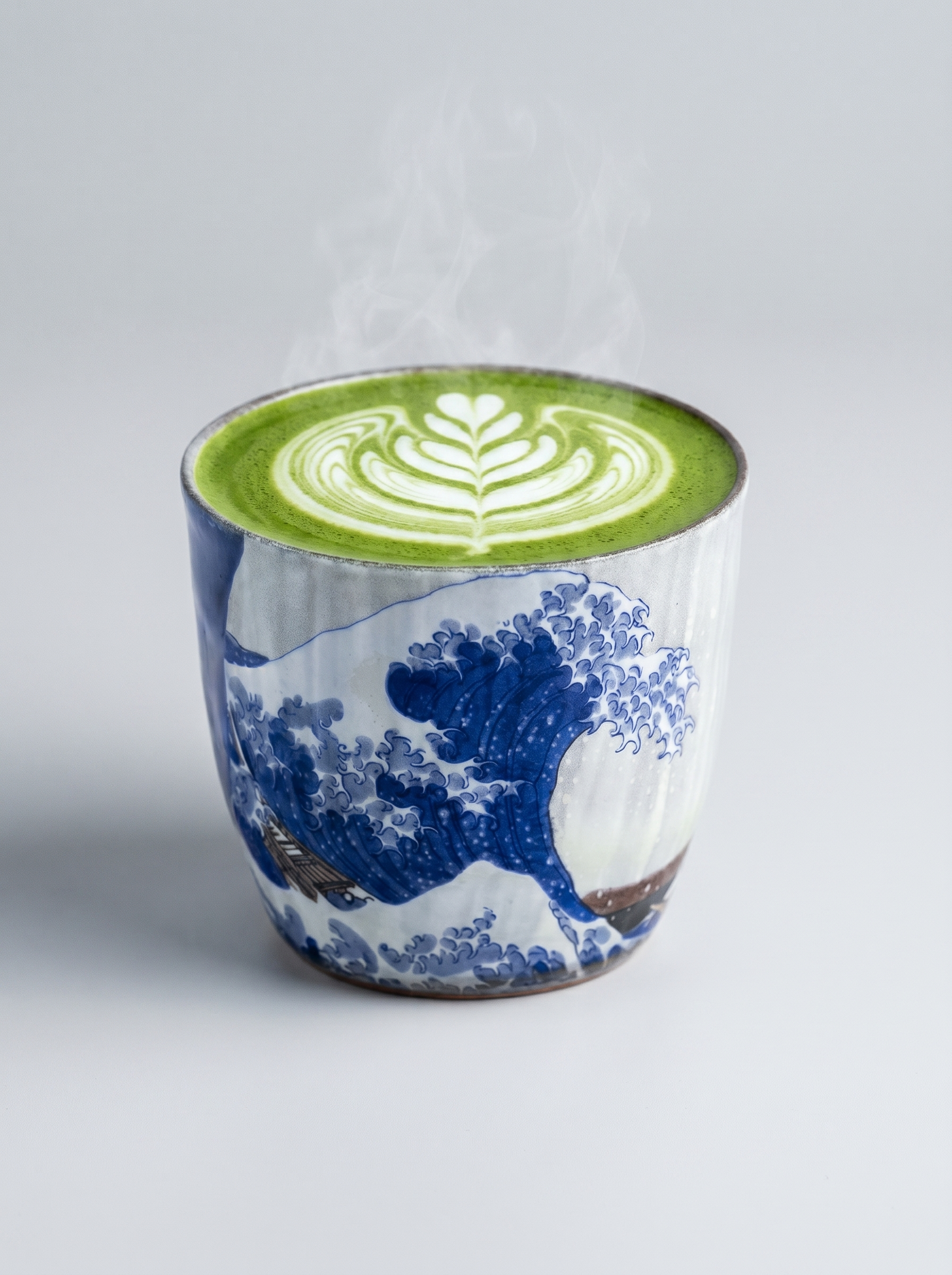 Ceramic cup with wave off kanagawa design containing matcha latte on a white background