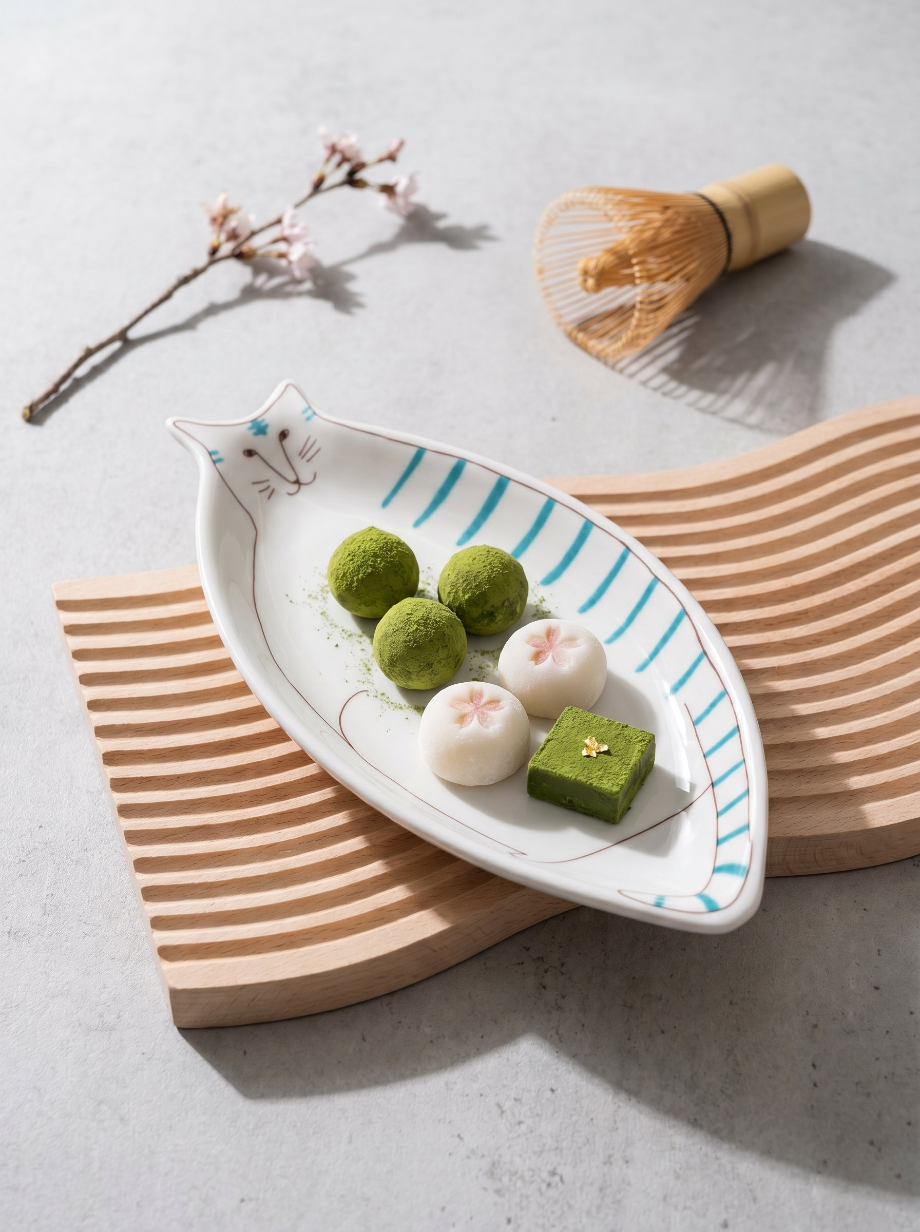 Cat-shaped ceramic plate with green and white treats on a light gray background