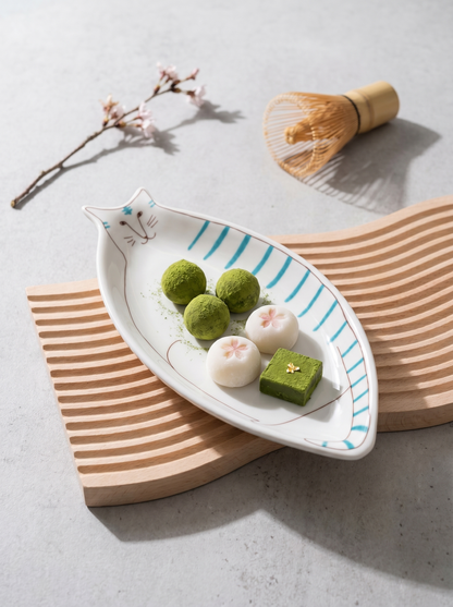 Cat-shaped ceramic plate with green and white treats on a light gray background