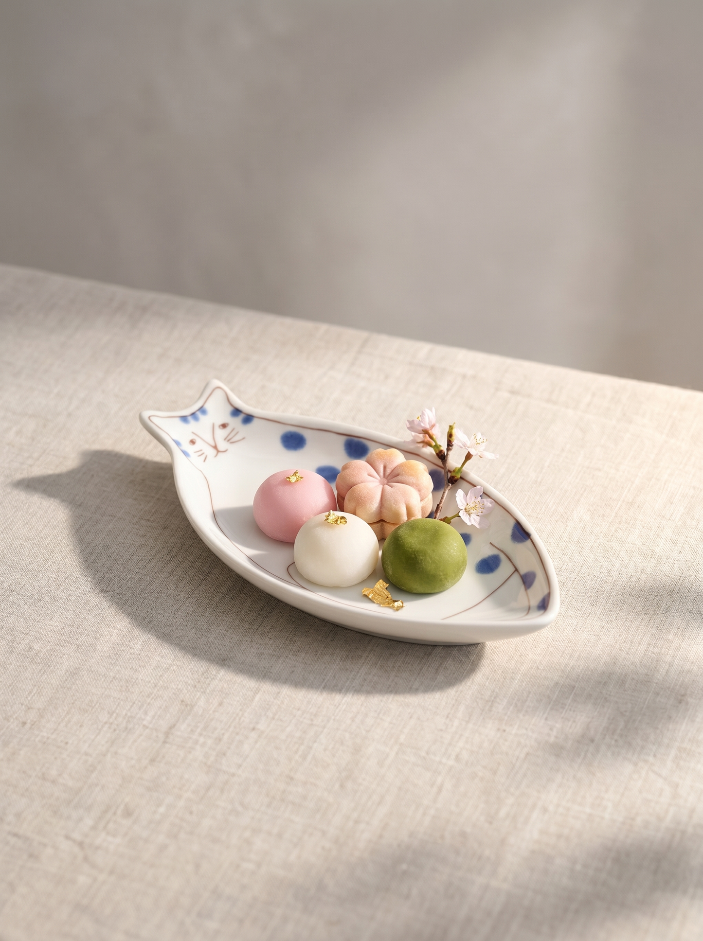Decorative cat-shaped plate with pastries on a textured surface