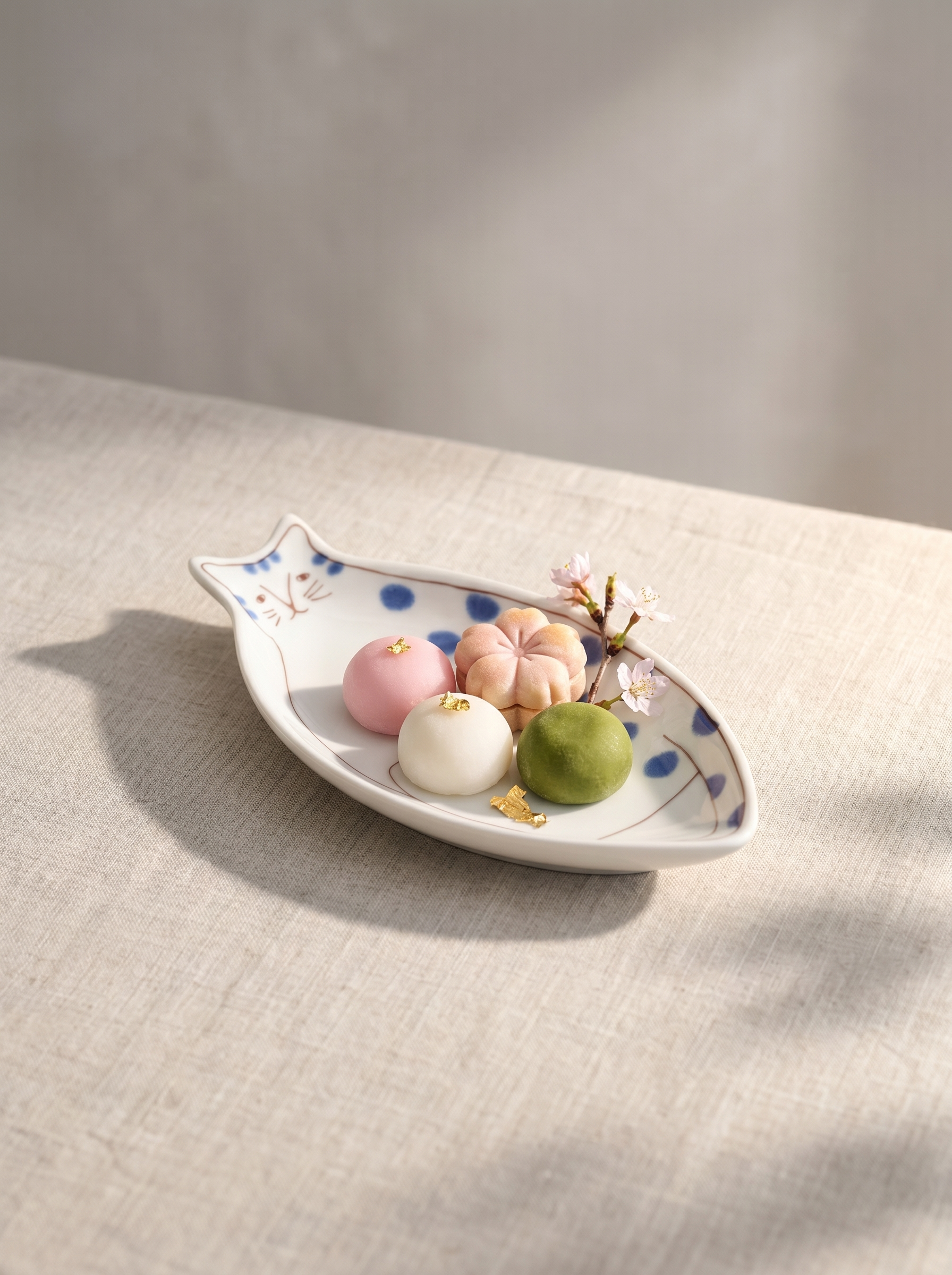 Decorative cat-shaped plate with pastries on a textured surface