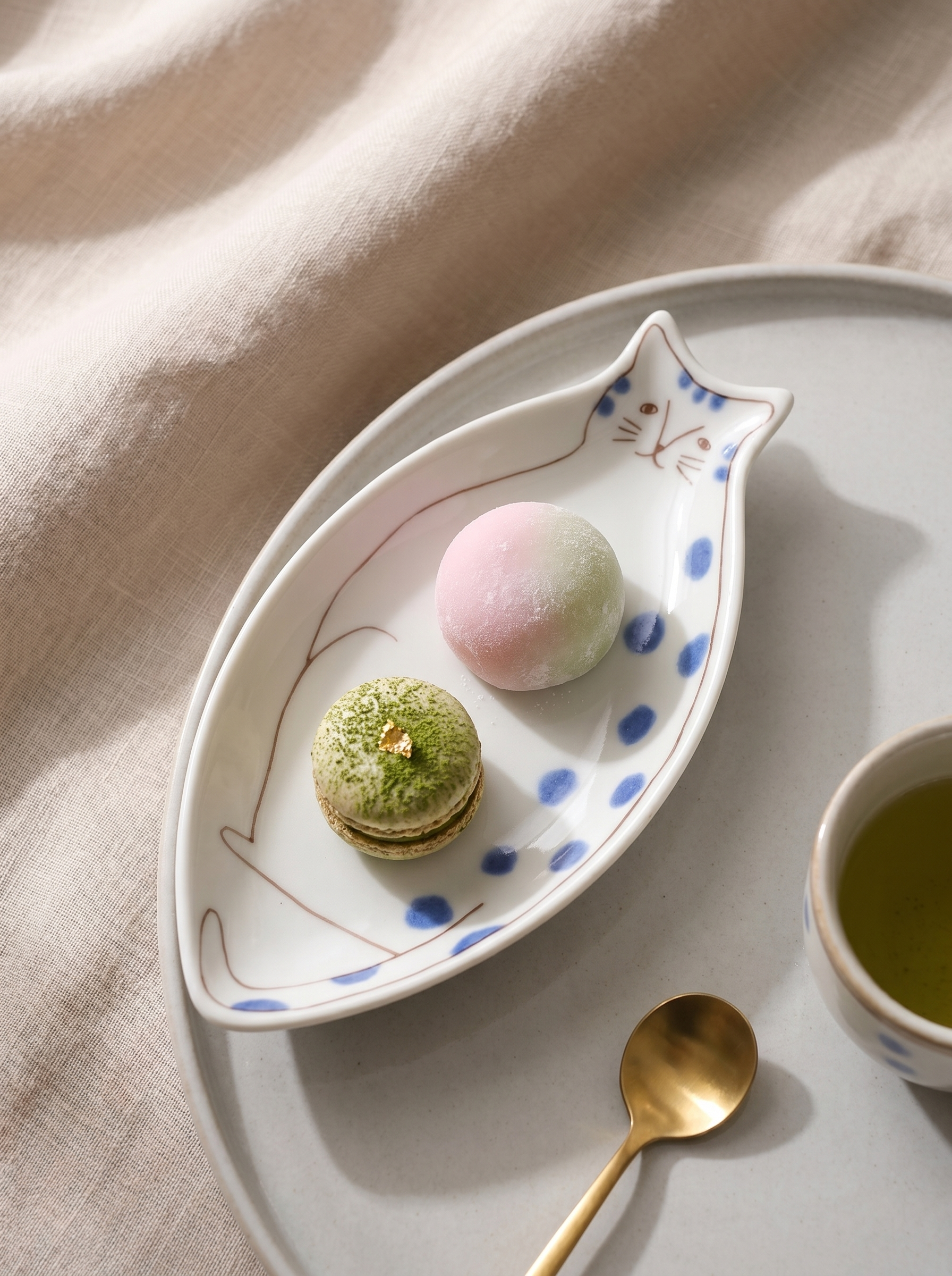 Cat-shaped dish with two pastries and a cup of tea on a light background