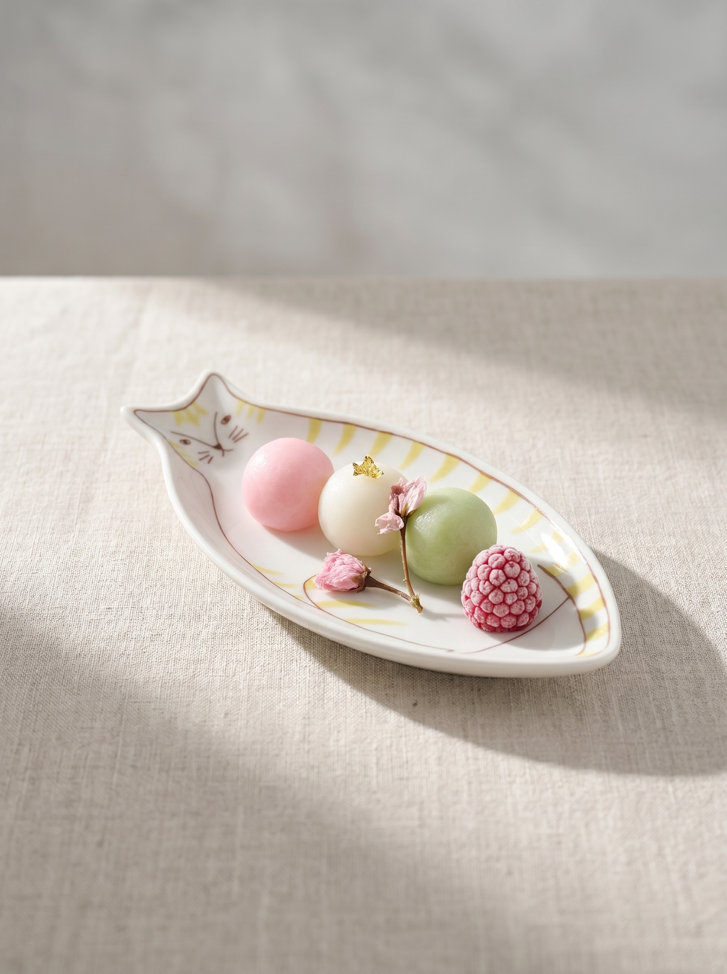 Decorative cat-shaped ceramic sauce plate with hand-painted design with Japanese mochi treats on a linen surface