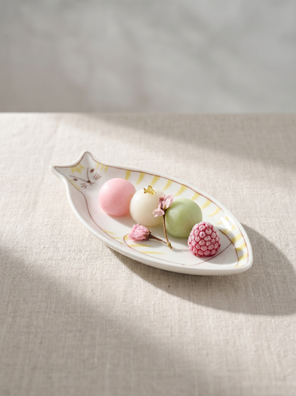 Decorative cat-shaped ceramic sauce plate with hand-painted design with Japanese mochi treats on a linen surface