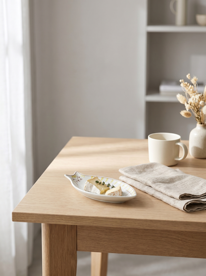 Wooden table with a plate of food, cup, and napkin in a minimalistic room.